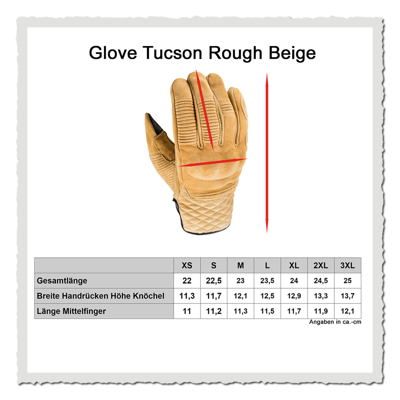 Masstabelle Motorradhandschuh mit Größen-Grafik und freigestelltem Handschuh vor hellem Hintergrund